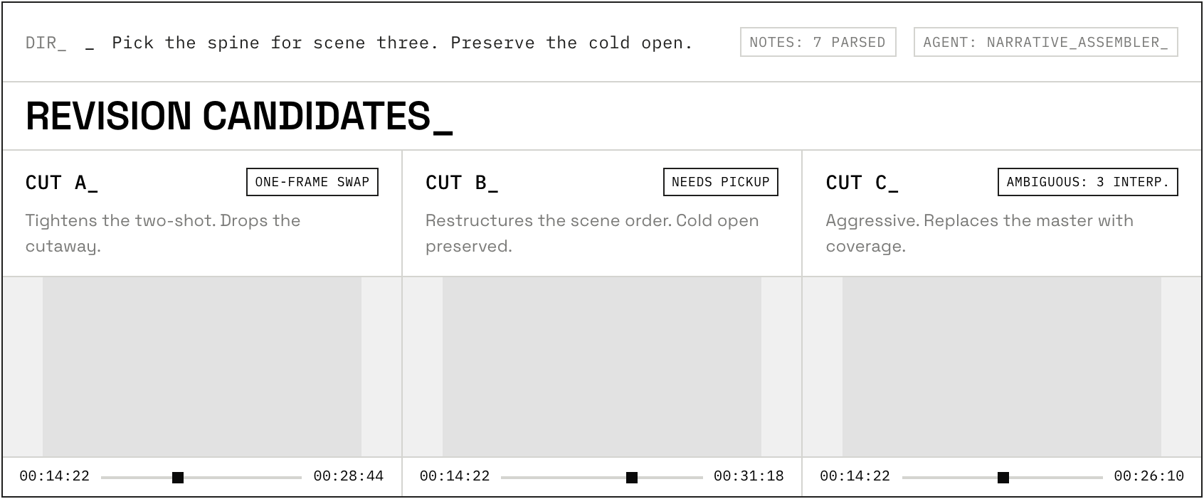A/B/C revision panel — three candidate cuts after client feedback