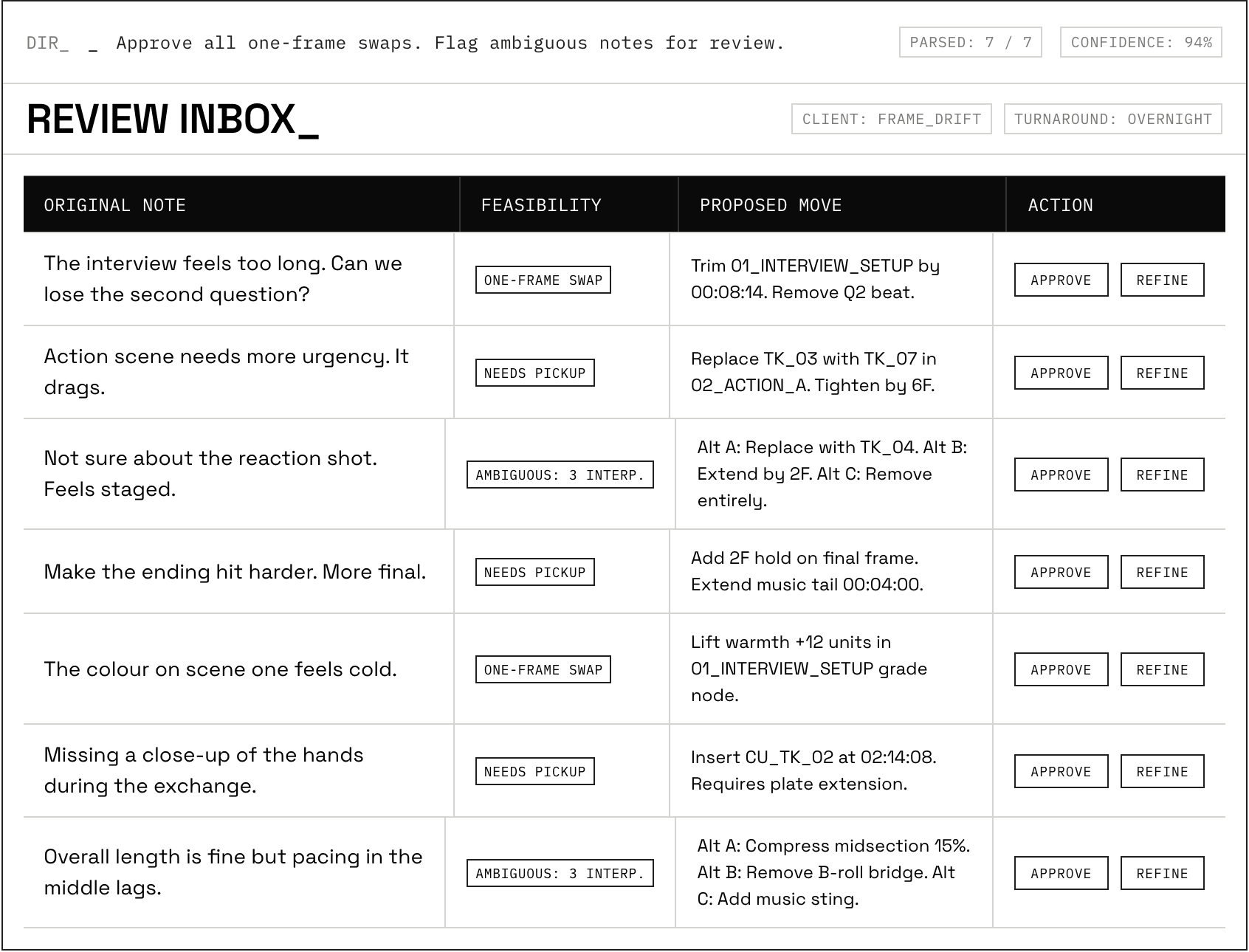 Review-agent inbox — parsed client notes with feasibility